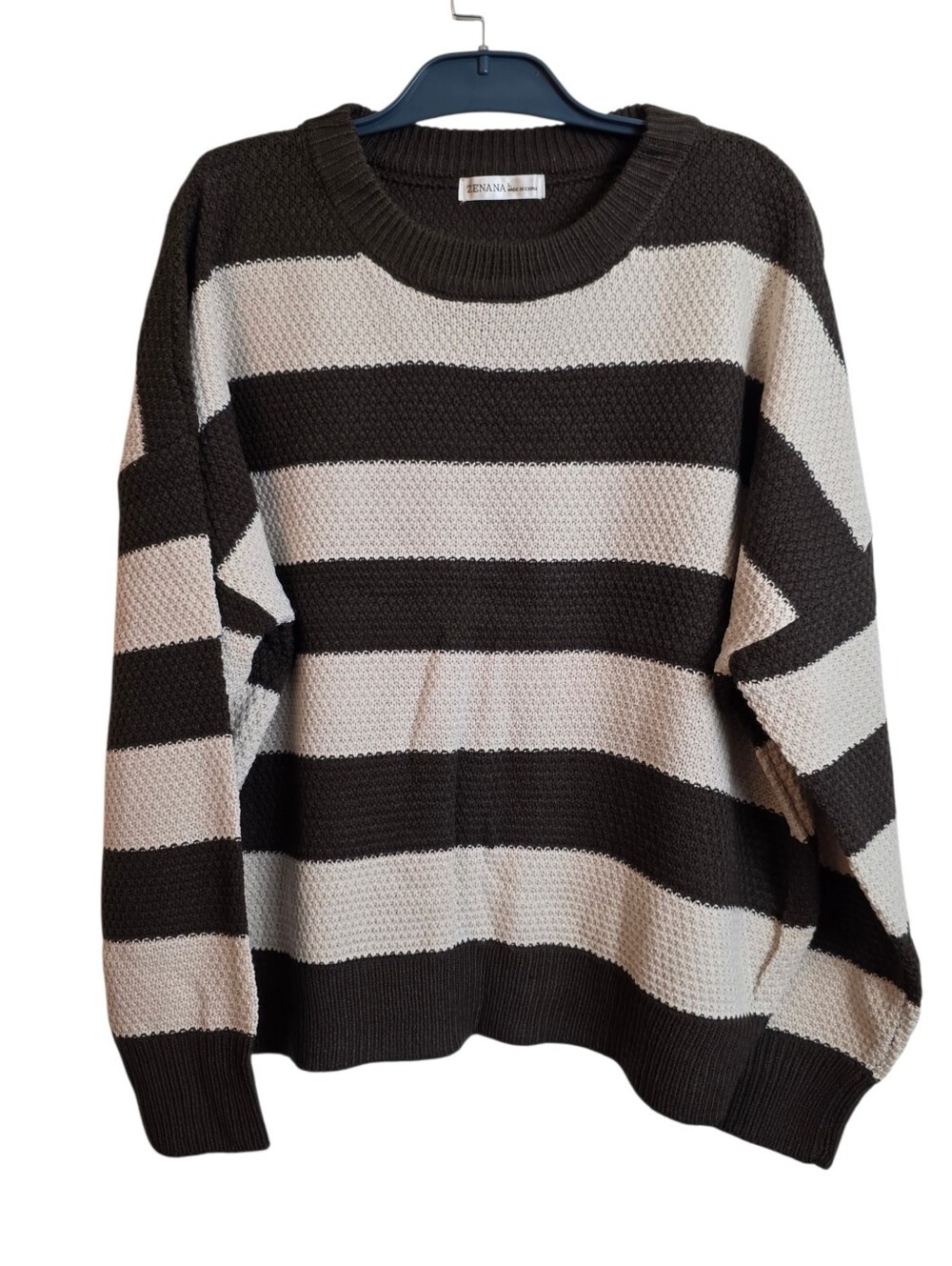 Zenana Brown Cream Striped Knit Sweater Large Long Sleeve Oversized Coastal - Picture 3 of 15
